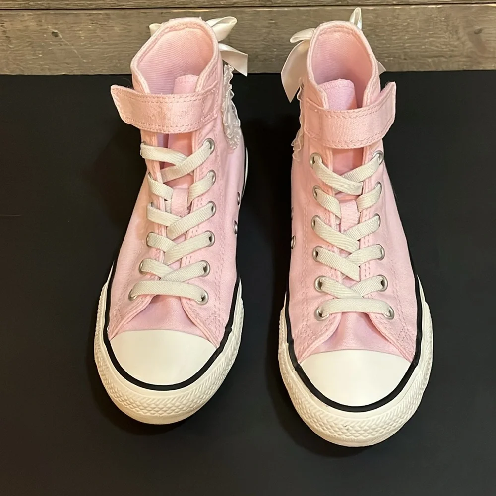 Converse pink girly shoes frilly coquette lace pretty bows back to school cool